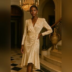 Vintage Champagne Jacquard Midi Dress Ruched Front, Buttons & Flounce Hem